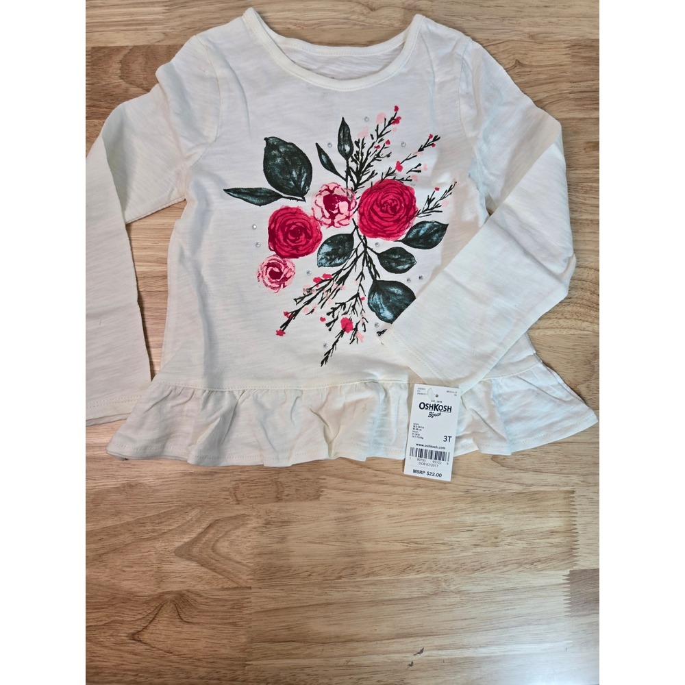 OshKosh B'gosh Girls Ivory Floral Peplum Long Sleeve Top Rhinestone 3T NEW